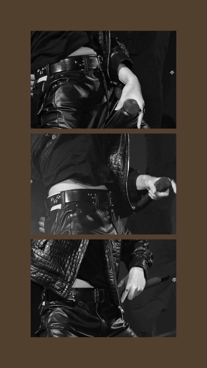 Three black-and-white performance details: leather, a hand and a microphone.