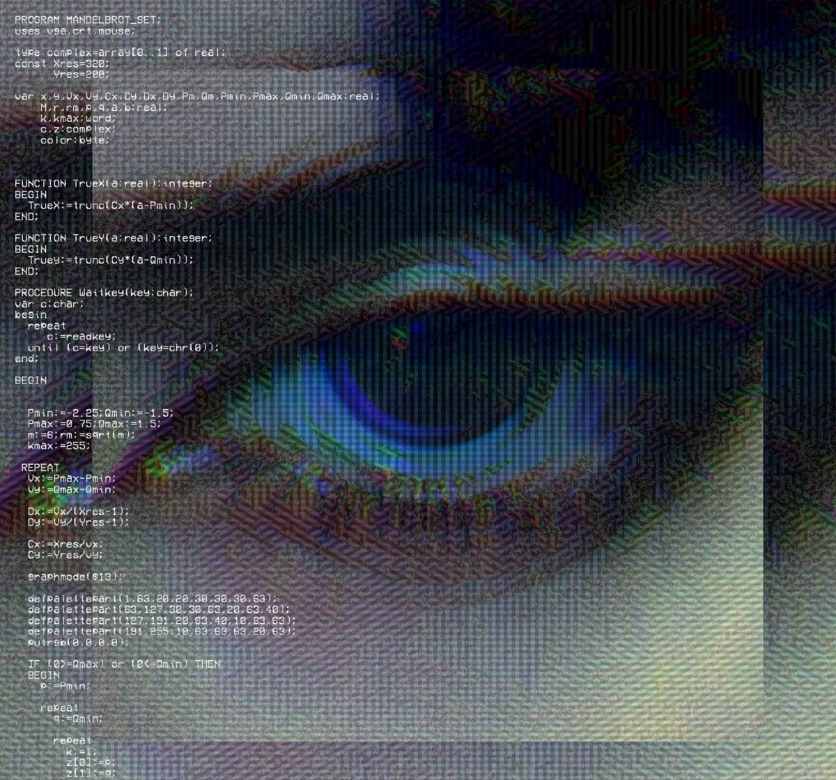 A blue eye layered with computer code and digital textures: 24d cover.