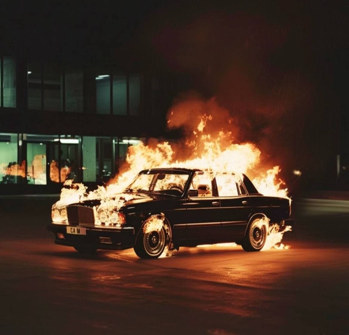 A car engulfed in flames outside a building at night: 数字眼泪 cover.