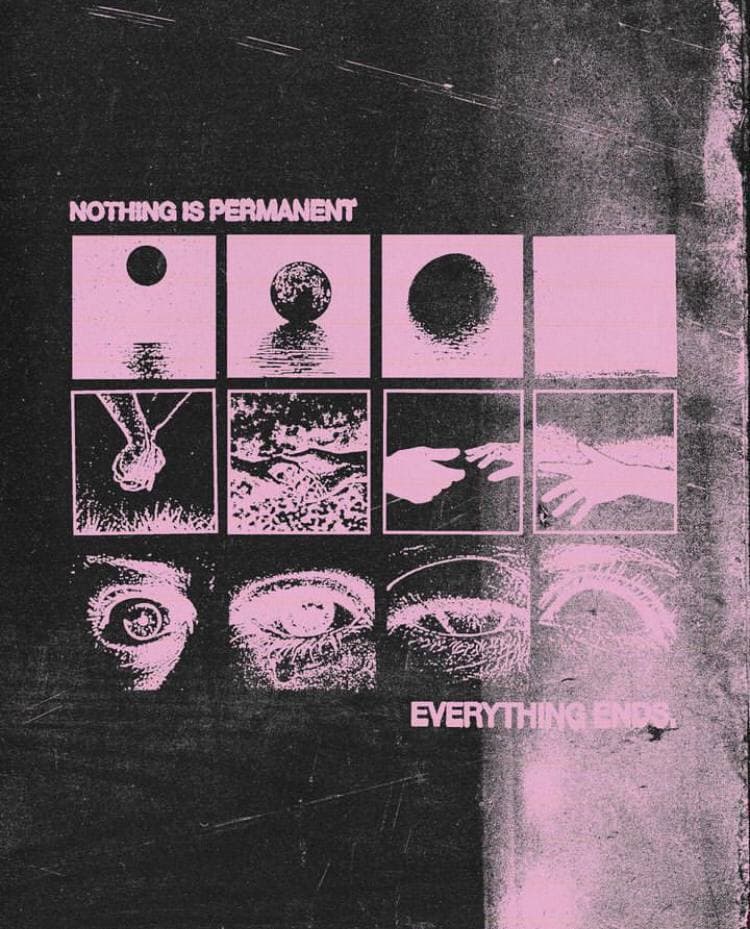 Dusty-pink illustrated panels on distressed black: NOTHING IS PERMANENT EVERYTHING ENDS cover.